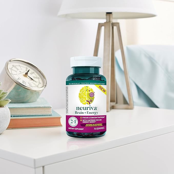 NEURIVA Brain + Energy Gummies, Nootropic Brain Supplements for Focus and Concentration with Neurofactor, Vitamin B12 & Caffeine for an Energy Boost*, 75ct Natural BlackBerry