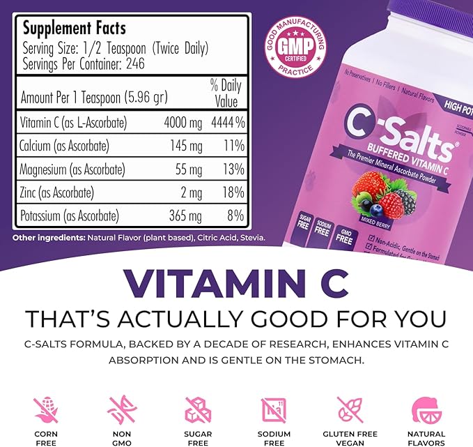 4000mg Vitamin C Powder Supplement - 100% Pure Buffered Powdered Drink with Ascorbate C - Potent Immune Support, Stomach-Friendly, Organic, Vegan, Sodium & Sugar-Free, Mixed Berry 26oz