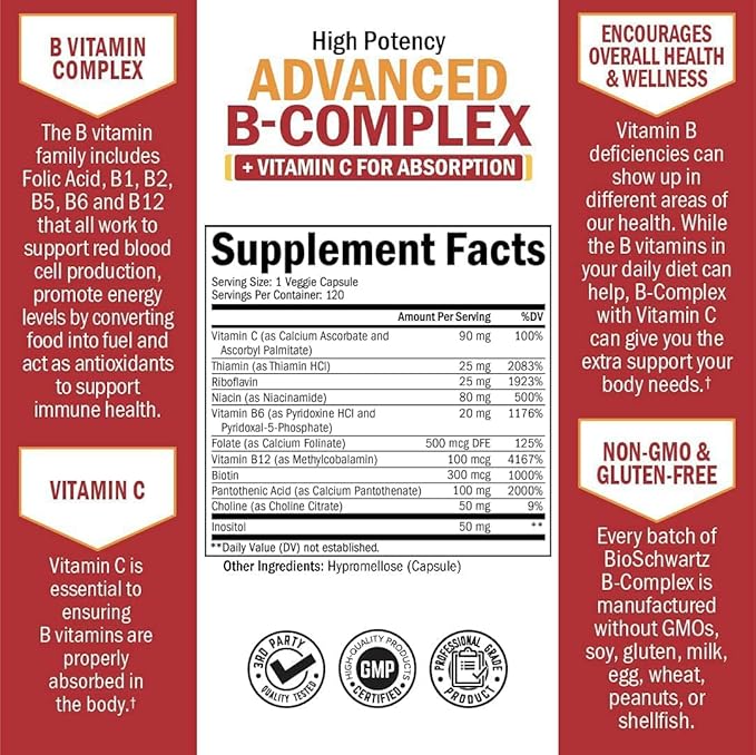 Vitamin B Complex with Vitamin C for Maximum Absorption - Methylcobalamin b12 & Folate Folic Acid Supplement - Vitamins B1 B2 B3 B5 B6 B7 B9 for Immune Energy & Nervous System Support - Non-GMO 120ct