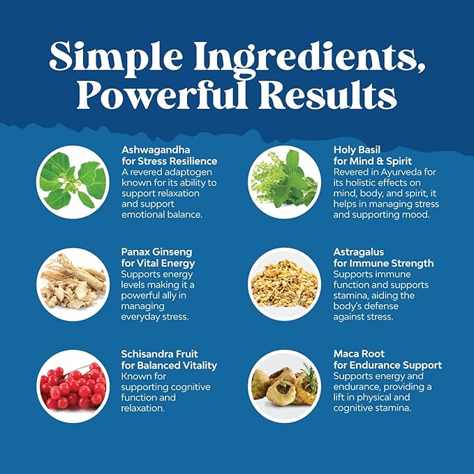 Herbal Adaptogen Mood Support Supplement - Calming Adaptogens Supplement for Stress & Cortisol Management with Ashwagandha Rhodiola Rosea & Maca Root - Vegan Non GMO & Daytime Friendly - 60ct