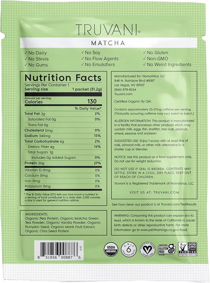 Truvani Vegan Pea Protein Powder | Matcha | 20g Organic Plant Based Protein | 1 Serving | Keto | Gluten & Dairy Free | Low Carb | No Added Sugar