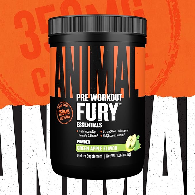 Animal Fury Pre Workout Powder - Energy and Focus Supplement with 5g BCAA, 350mg Caffeine Nitric Oxide Booster with Beta-Alanine, Preworkout for Men and Women, Green Apple Flavor, 30 Servings