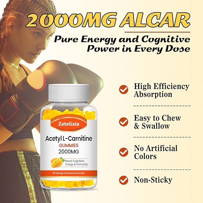 Acetyl L-Carnitine Gummies 2000mg, L-Carnitine Supplement for Promote Fatty Acids Oxidation, Nutrition Supplement for Boost Energy, Immunity & Metabolism, Vegan, Mango Flavor, 60 Count