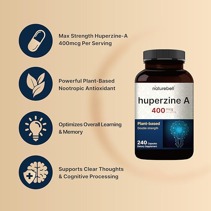 NatureBell Huperzine A 400mcg Per Serving, 240 Capsules, (Huperzine A Supplement) | Supports Focus, Cognition, Memory, and Learning Ability – Premium Brain Health Supplements – No GMOs