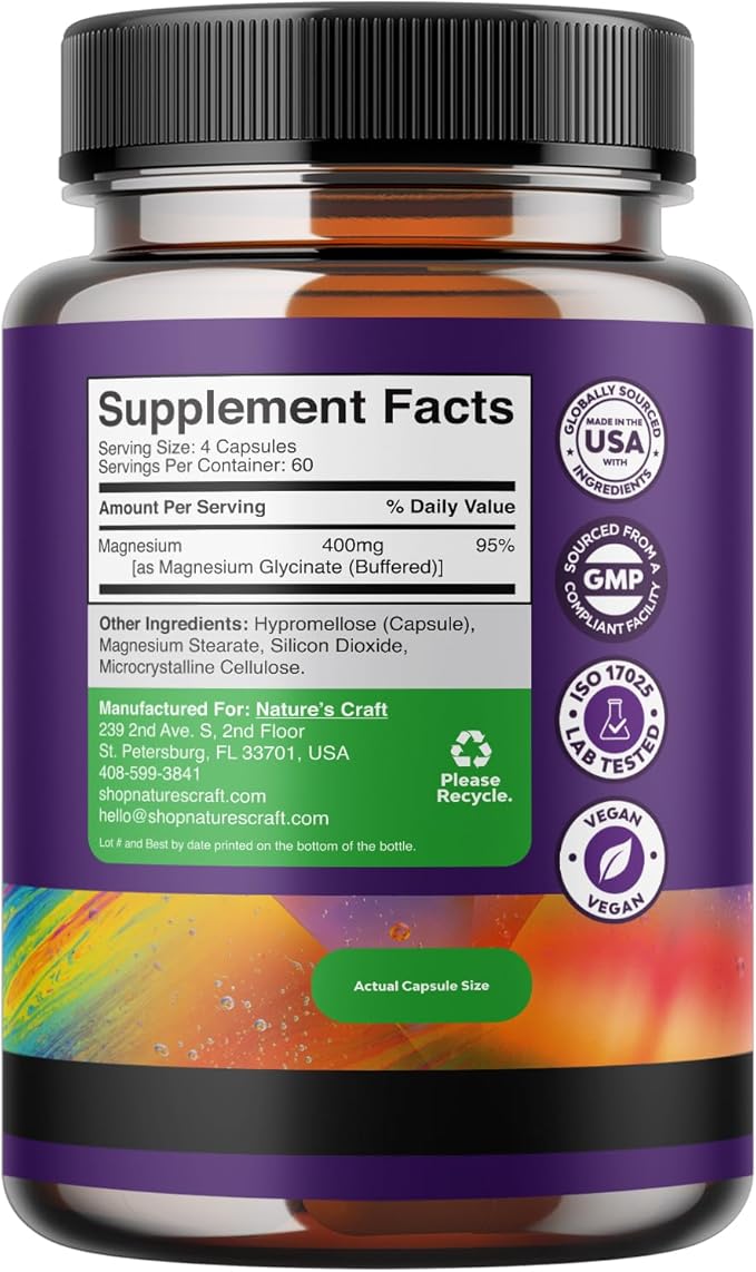 Pure Magnesium Glycinate 400mg Per Serving - Vegan High Absorption Chelated Magnesium Capsules for Women & Men with Elemental Magnesium 400mg for Mood Sleep and Relaxation Support - 60 Servings