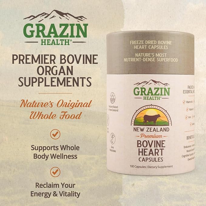 Grass Fed Bovine Heart: 3000 Mg Heart/ 200 Mg Liver/Serving (30 Servings)