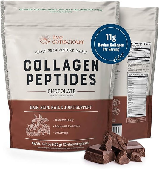 Live Conscious Collagen Peptides Powder - Chocolate Collagen Powder - Hair, Skin, Nail, and Joint Support - Type I & III Grass-Fed Collagen Supplements for Women and Men - 30 Servings - 15oz