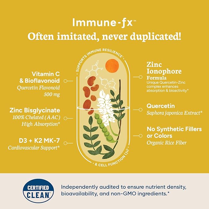 Immune-fx™ Advanced Daily Chelated Zinc Ionophore Immune Support Supplement with Quercetin 500mg Bioflavonoid, Antioxidant Vitamin C, D3, K2, DNA Heart Lung Aid, Clean Certified® 60 Vegan Capsules