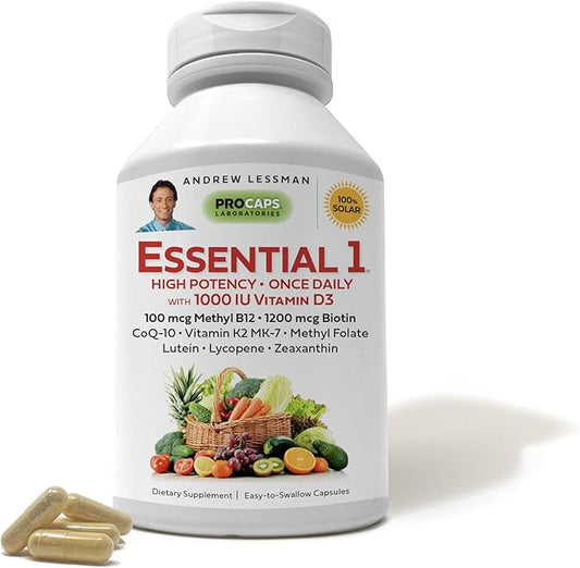 ANDREW LESSMAN Essential-1 Multivitamin 1000 IU Vitamin D3 360 Small Capsules – 100 mcg Methyl B12. CoQ10 Lutein Lycopene Zeaxanthin. High Potency. No Additives. Gentle Ultra-Mild. One Daily Capsule