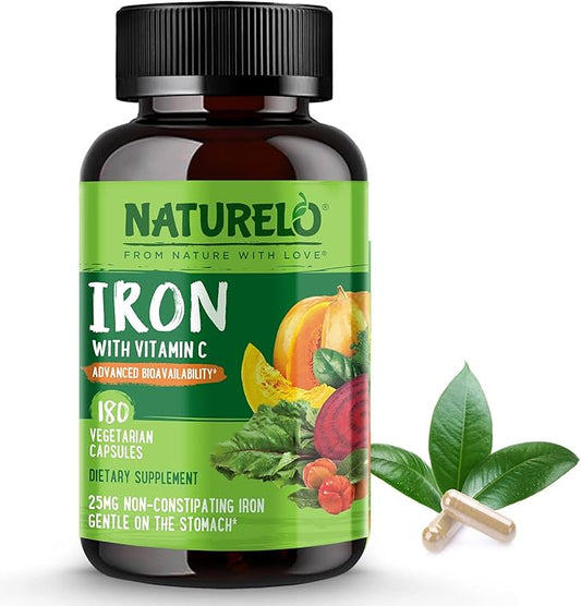 NATURELO Vegan Iron Supplement with Vitamin C and Organic Whole Foods - Gentle Iron Pills for Women & Men with Iron Deficiency Including Pregnancy, Anemia and Vegan Diets - 180 Mini Capsules