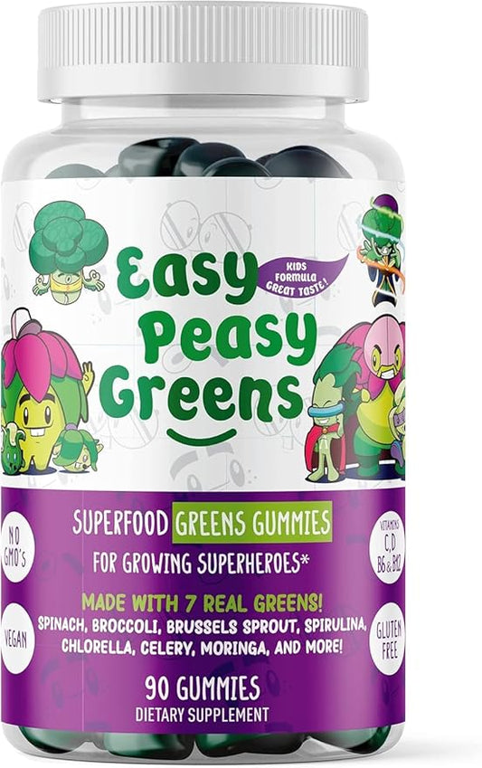 EasyPeasyGreens Daily Veggie Gummies for Kids - 90 Greens Gummies - Helps Picky Eaters Get Their Veggies in - Made with 10 Real Vegetable Extracts and 100% Vegan