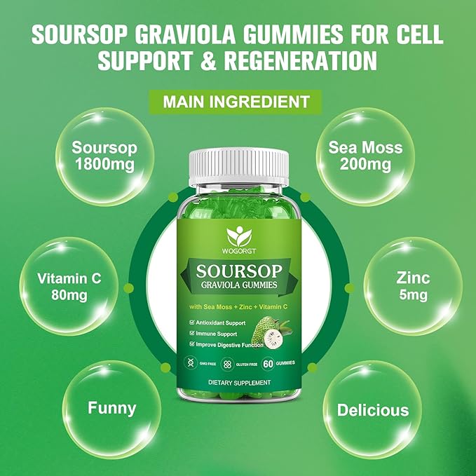 Soursop Graviola Gummies with Sea Moss Extract - Antioxidant, Cell Support & Regeneration, Immune Support, Soursop Leaves Gummies with Sea Moss, Vitamin C & Zinc, Apple Flavor - 60 Gummies(2 Pack)