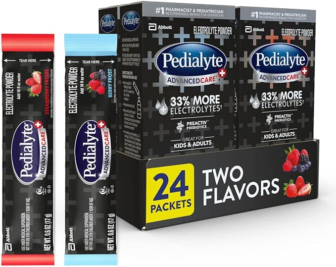 Pedialyte AdvancedCare Plus Electrolyte Powder Packs with 33% more electrolytes and PreActiv Prebiotics, Strawberry Freeze & Berry Frost, 24 Count