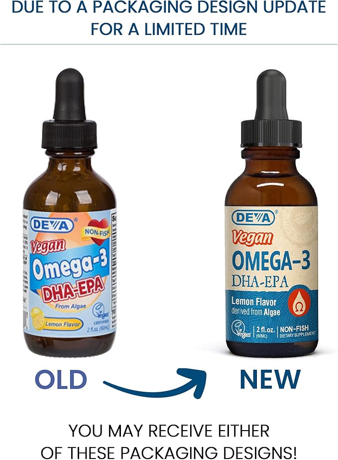 DEVA Vegan Omega-3 Liquid DHA - EPA, Non Fish from Algae, Lemon Flavor, 2 Ounce
