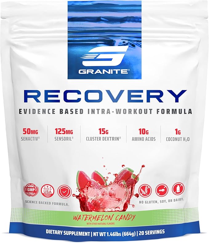 Granite Recovery for Intra & Post Workout |10g Aminos, Electrolytes, Cluster Dextrin for Muscle Recovery & Growth | Amino Acids Supplement with Sensoril | 20 Servings | Watermelon Flavor