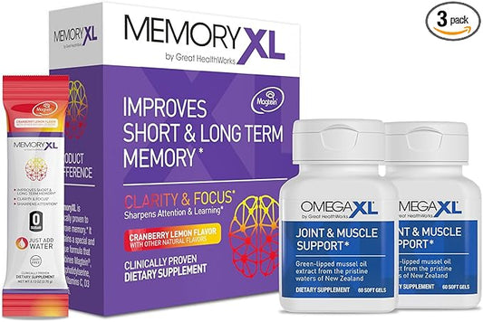 OmegaXL Joint Support Supplement for Relief - Natural Muscle Support, Green Lipped Mussel Oil, 60 Ct (2 Pack). MemoryXL, Magnesium L-Threonate Brain Supplement - Memory & Focus Cranberry Lemon 30 Pack