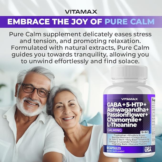 GABA 500mg 5 HTP 150mg Ginkgo Biloba L Tryptophan 500mg L Theanine 200mg Ashwagandha 2000mg - Calming Vitamins for Men and Women with - Made in USA (60 Count (Pack of 1))
