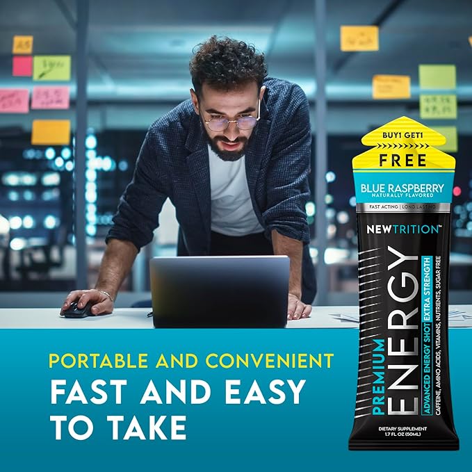 Extra Strength Energy Shots, Caffeine Energy Shots with Vitamin B & Amino Acids, Sugar-Free Vitamin Energy Shot, 1.7 fl oz, Blue Raspberry, 24 Count