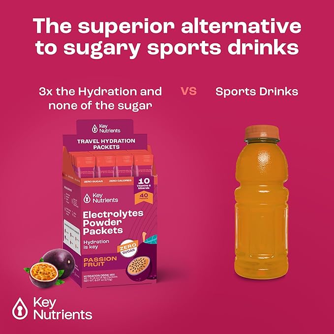 KEY NUTRIENTS Multivitamin Electrolytes Powder Packets - Delicious Passion Fruit 40 Pack Hydration Packets - Travel Hydration Powder - No Sugar, No Calories, Gluten Free - Made in USA