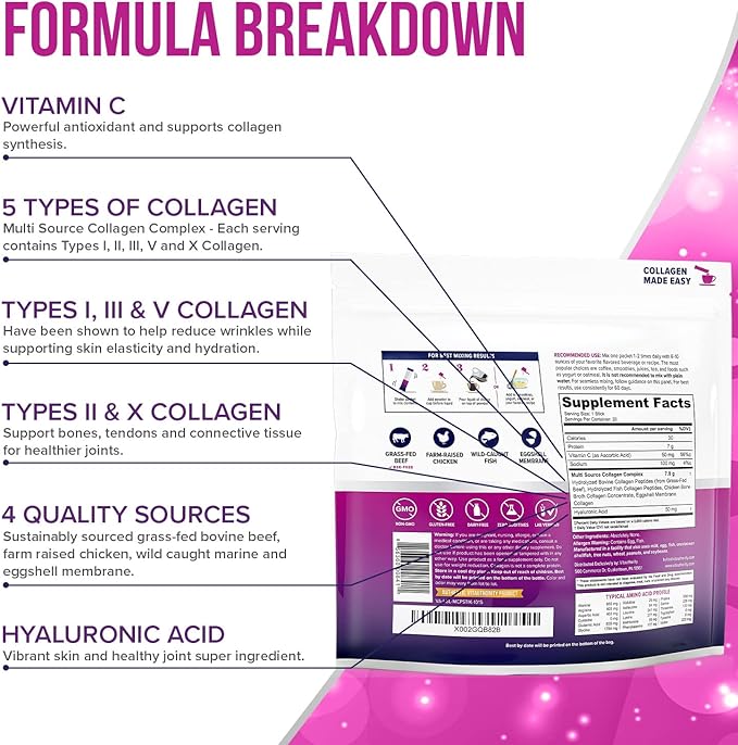 Multi Collagen Peptides Plus Hyaluronic Acid and Vitamin C Hydrolyzed Collagen Proteins Types I II III V and X 20 Unflavored Stick Packs