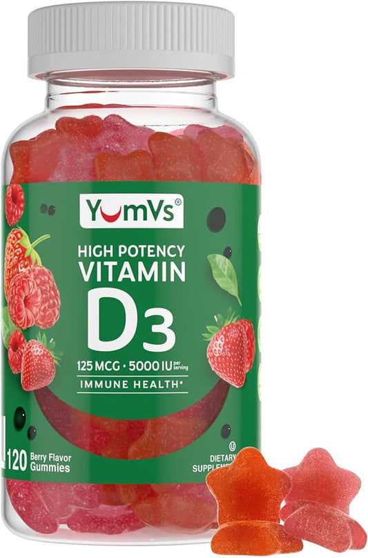 YumVs High Potency Vitamin D3 Gummies 5000 IU 125 mcg - Berry Flavor - Vegetarian Kosher Halal Gluten Free - Vitamin D Gummies for Adults - Vit D Vitamin D 5000 IU Gummy for Men and Women (120 Count)