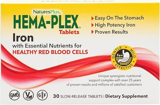 NaturesPlus Hema-Plex Iron - 30 Slow-Release Tablets - 85 mg Chelated Iron - Total Blood Health - with Vitamin C & Bioflavonoids - Non GMO, Vegetarian & Gluten Free - 30 Servings