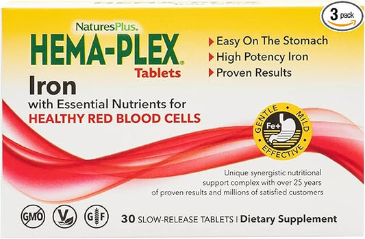 NaturesPlus Hema-Plex Iron - 30 Slow-Release Tablets, Pack of 3 - Total Blood Health - 85 mg Chelated Iron - With Vitamin C & Bioflavonoids - Non GMO, Vegetarian & Gluten Free - 90 Total Servings