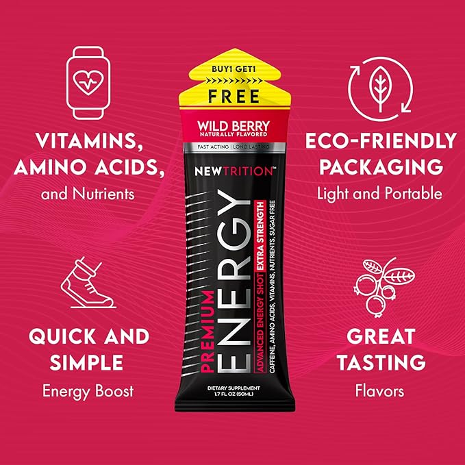Extra Strength Energy Shots, Caffeine Energy Shots with Vitamin B & Amino Acids, Sugar-Free Vitamin Energy Shot, 1.7 fl oz, Wild Berry, 24 Count