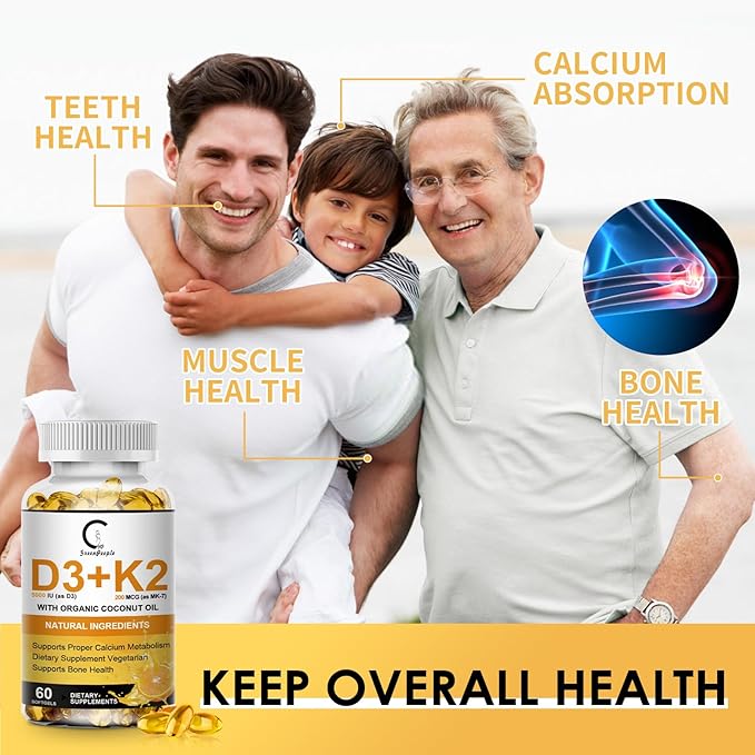 Vitamin D3 K2 Supplement with Vitamin D3 5000 IU, 200 mcg Vitamin K2 MK-7 & Natural Coconut Oil, Plant Based 2-1 Formula for Bone, Teeth, Muscle and Immune Health Support,60 Softgel Capsules, Apple