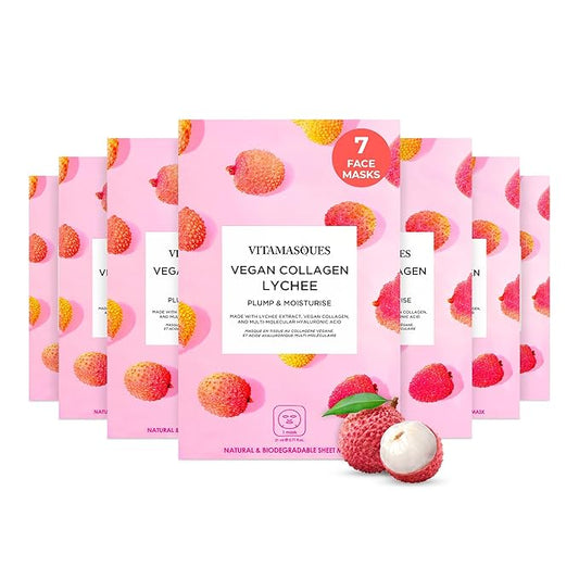 Vitamasques Vegan Collagen Lychee Face Sheet Mask Plumping & Moisturizing Facial Mask with Lychee Extract & Hyaluronic Acid - Natural & Biodegradable