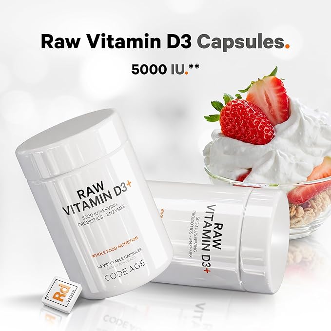 Codeage Raw Vitamin D3+ High Potency 5000 IU Supplement From Saccharomyces Cerevisiae - Raw Vitamin Enhanced with Omega-9, Probiotics, Digestive Enzymes, Fruits & Greens - 2-Month Supply - 60 Capsules