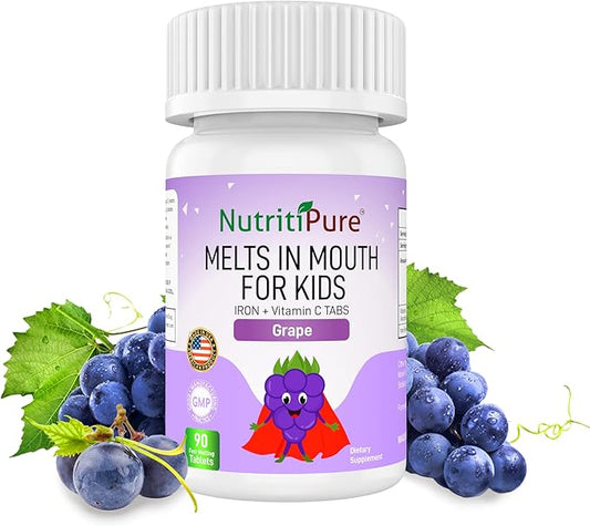 Chewable Iron Supplements for Kids (Ferronyl®/Carbonyl Iron 9 mg with Vitamin C 30 mg) Tablet in Delicious Grape Flavor Kids Iron Supplement 90 Count (1 Bottle)
