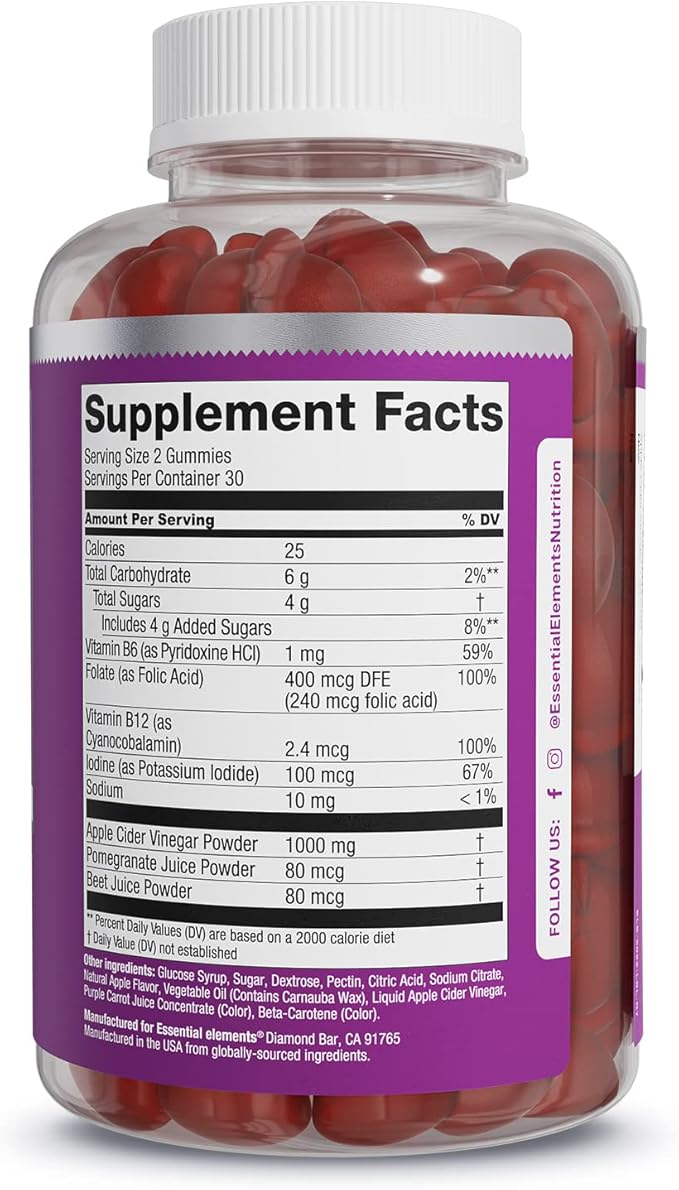 Essential Elements Apple Cider Vinegar Gummies from The Mother - Naturally-Sourced, Vegan ACV with Folic Acid and Vitamin B6 & B12 60 Count
