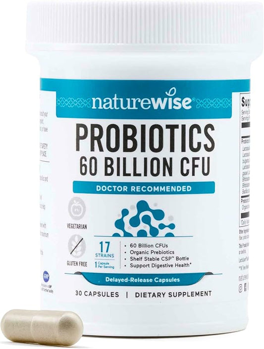 NatureWise Probiotics 60 Billion CFU - 17 Strains + Organic Prebiotics - Immune, Digestive & Gut Health Support for Women & Men - Vegetarian, Gluten-Free, Non-GMO - 30 Capsules[1-Month Supply]