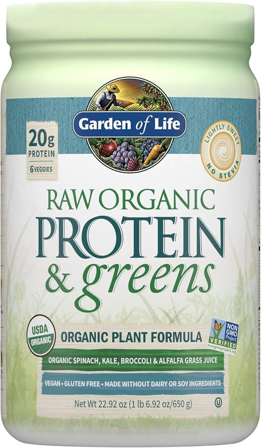 Garden of Life Raw Organic Protein & Greens Lightly Sweet, Vegan Protein Powder for Women and Men, Plant Protein, Pea Protein, Greens & Probiotics, Dairy Free, Gluten Free Low Carb Shake, 20 Servings