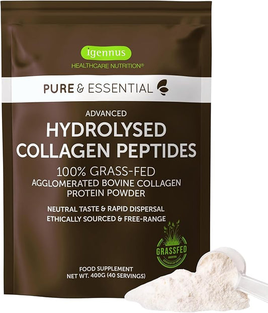 100% Grass Fed Bovine Collagen Protein Powder, Advanced Hydrolyzed Collagen Peptides, Collagen Types 1, 2 & 3, Non-GMO, Free Range, Gluten & Dairy Free, Easy Mix, 40 Servings, Pure & Essential