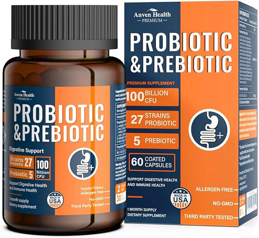 100 Billion Probiotics for Men and Women 27 Strains 5 Organic Prebiotics for Gut Digestive & Immune Health, Supports Diarrhea Gas Bloating, Vegan Probiotic Supplement Formula丨60 Caps