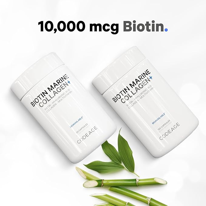 Codeage Biotin Marine Collagen Peptides - Wild-Caught Marine Collagen Types I & III, 10,000 mcg Biotin, Vitamins C & E, Hyaluronic Acid, Amino Acids, Fruit and Herb Blend, Non-GMO - 120 Capsules