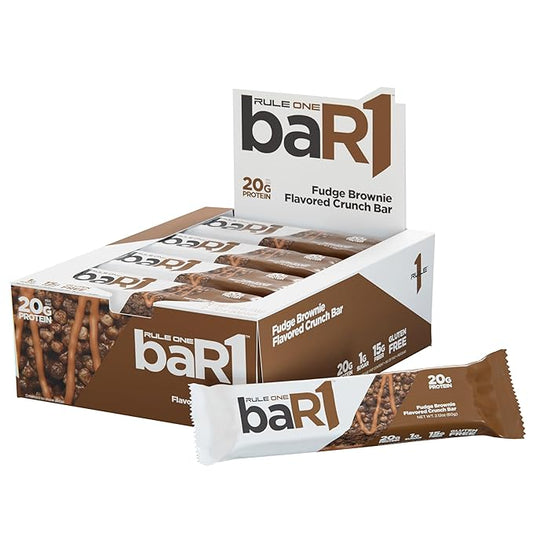 Rule 1 baR1 Crunch Bar - On-The-Go Convenient Protein Snack Bars with 20g Premium Protein, Naturally-Packed with EAAs/BCAAs, Hunger-Filling Fiber (12 Count Box, Fudge Brownie)