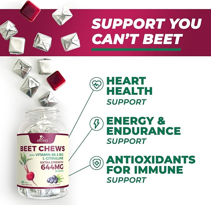 Beet Chews - Soft Beet Root Chewables with Grape Seed Extract Supports Heart Health & Energy with Powerful Antioxidants - Nature's Beetroot Nitric Oxide Supplement, Berry Flavor - 60 Vegan Soft Chews