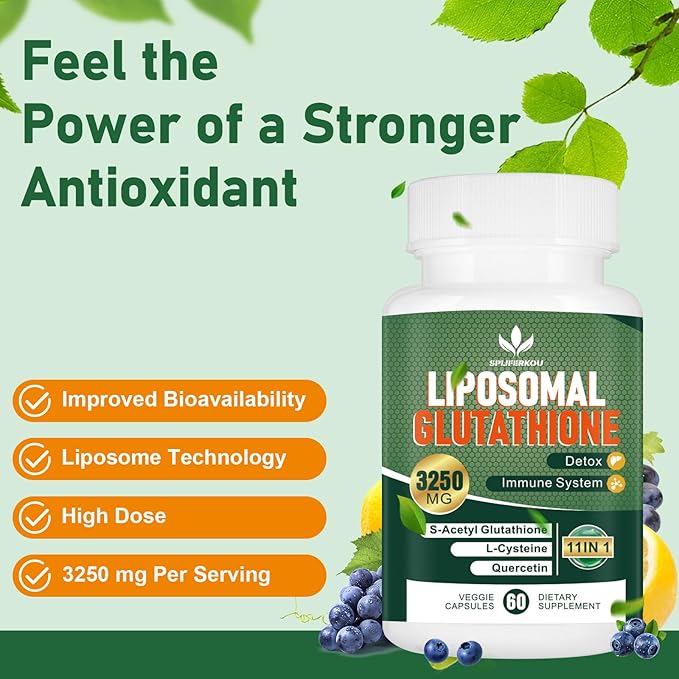 3250 MG Liposomal Glutathione Supplement,Reduced L-Glutathione with Resveratrol,Quercetin, Antioxidant Supplement for Immune System,Gluten Free & Non-GMO, 180 Capsules