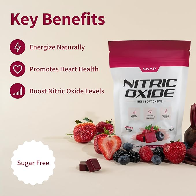 Snap Supplements Nitric Oxide Beet Chews, Nitric Oxide Booster, Natural Energy, Organic Beetroot Powder and COQ10, Support Healthy Blood Flow and Blood Circulation, Sugar-Free, 60 Soft Chews