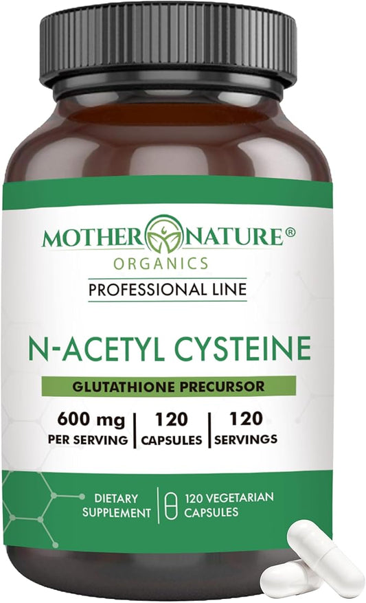 Mother Nature N-Acetyl-L-Cysteine, NAC 600 mg for Glutathione Production – Potent Antioxidant for Liver & Immune Support, Respiratory and Heart Health, 120 Capsules