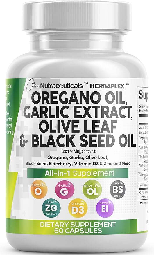 Clean Nutraceuticals Oregano Oil Garlic Extract Olive Leaf Black Seed Oil - Immune Support & Digestive Health Supplement for Women and Men with Vitamin D3 & Zinc - 1Pack