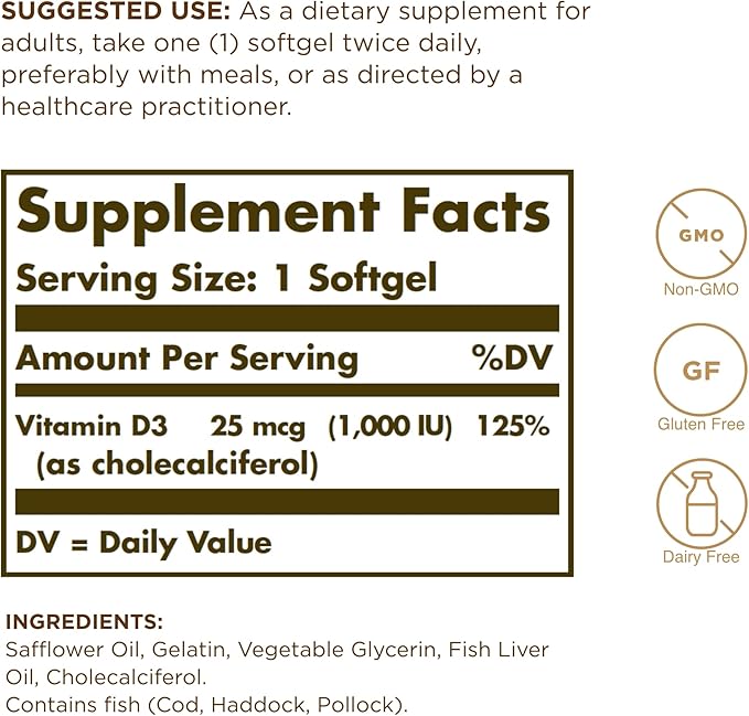 Solgar Vitamin D3 (Cholecalciferol) 25 MCG (1000 IU), 250 Softgels - Helps Maintain Healthy Bones & Teeth - Immune System Support - Non-GMO, Gluten Free, Dairy Free - 250 Servings