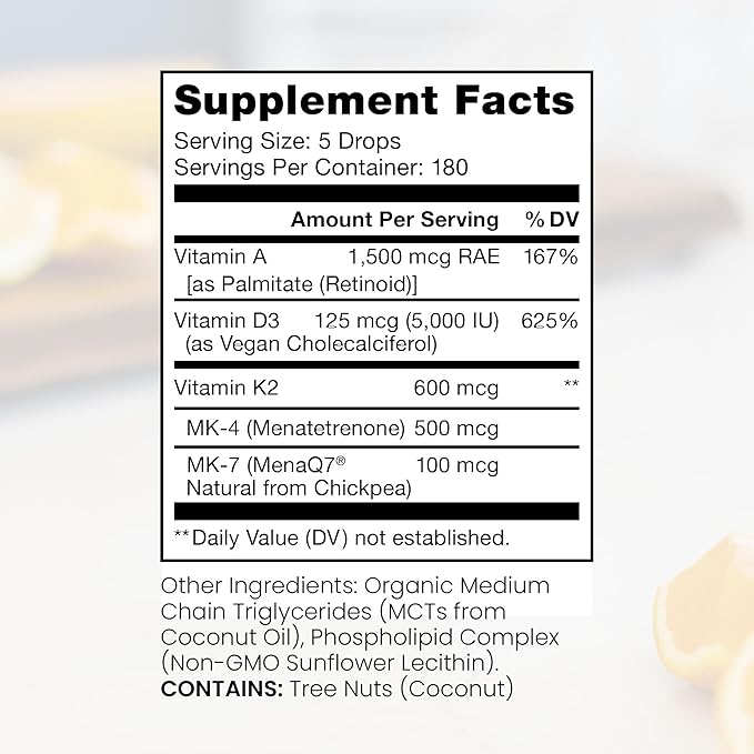 Pure TheraPro Rx Vegan A-D-K Drops-6 Mon Supply-Vitamin A(Palmitate & Betacarotene),Liposomal Vitamin D3(as vegan cholecalciferol),Liposomal Vitamin K2(MK-4 & MK-7)Supports Immunity & Bone Health-20mL
