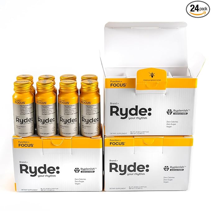 Ryde: Focus Shot | Orange Flavor | L-Theanine & Ginseng | Green Tea Caffeine | Vitamins B2 & B7 | 0 Calories, 0 Sugar | 2 FL OZ Shots | Supports Focus* (24 Pack)