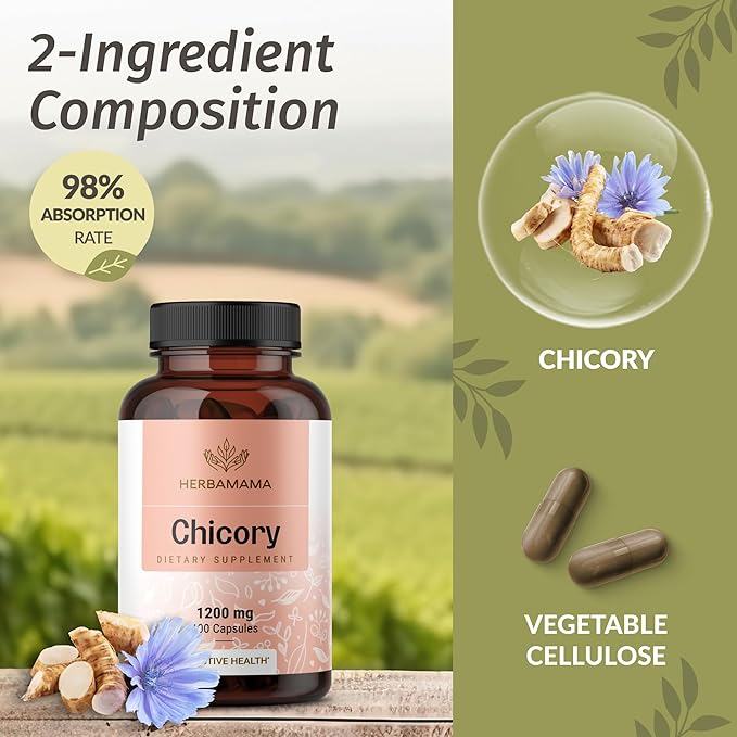 HERBAMAMA Chicory Inulin Capsules - 1200 mg Chicory Root for Digestive Health - Inulin Prebiotic Fiber Gut Health Supplement - Vegan, Non-GMO - 100 Caps