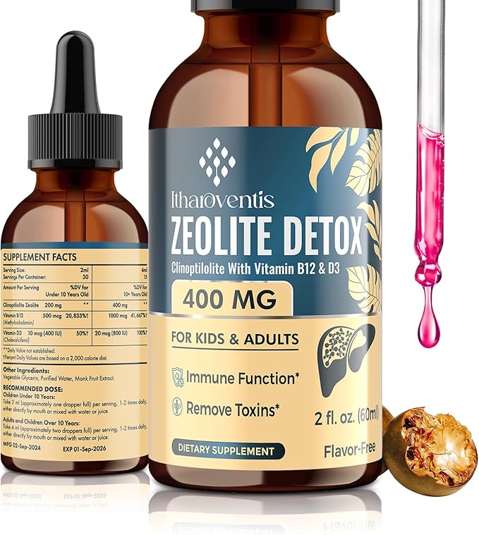Zeolite Detox for Kids and Adults, Premium Zeolite Clinoptilolite Liquid with Methyl Vitamin B12 & D3, Gentle Heavy Metal Detox for Kids, Energy, and Focus, Monk Fruit Flavor, 2 Fl Oz