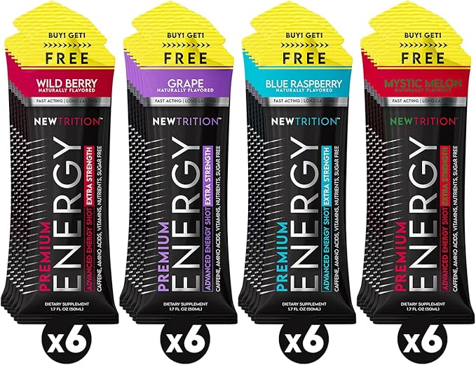 Extra Strength Energy Shots, Caffeine Energy Shots with Vitamin B & Amino Acids, Sugar-Free Vitamin Energy Shot Packets, 1.7 fl oz, Mixed Flavors, 24 Count
